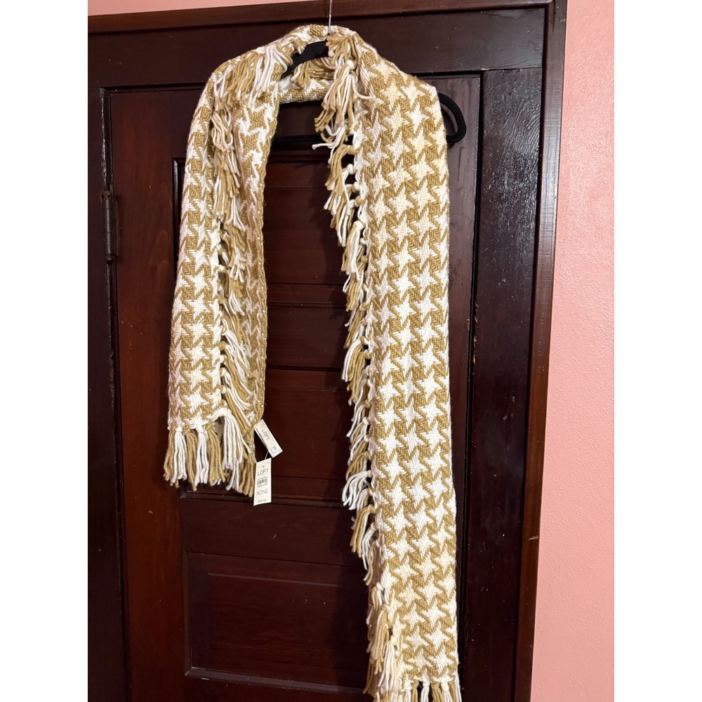 Loft Houndstooth Knit Scarf Mustard Yellow Cream Fringe Tassel New NWT 14749032